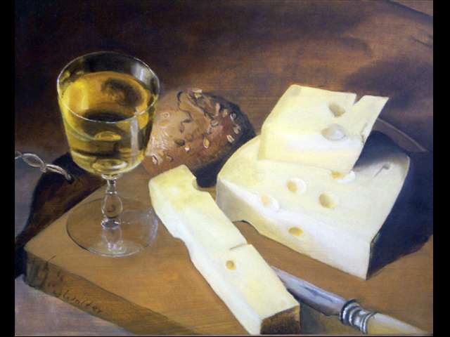 schilderij met brood en kaas